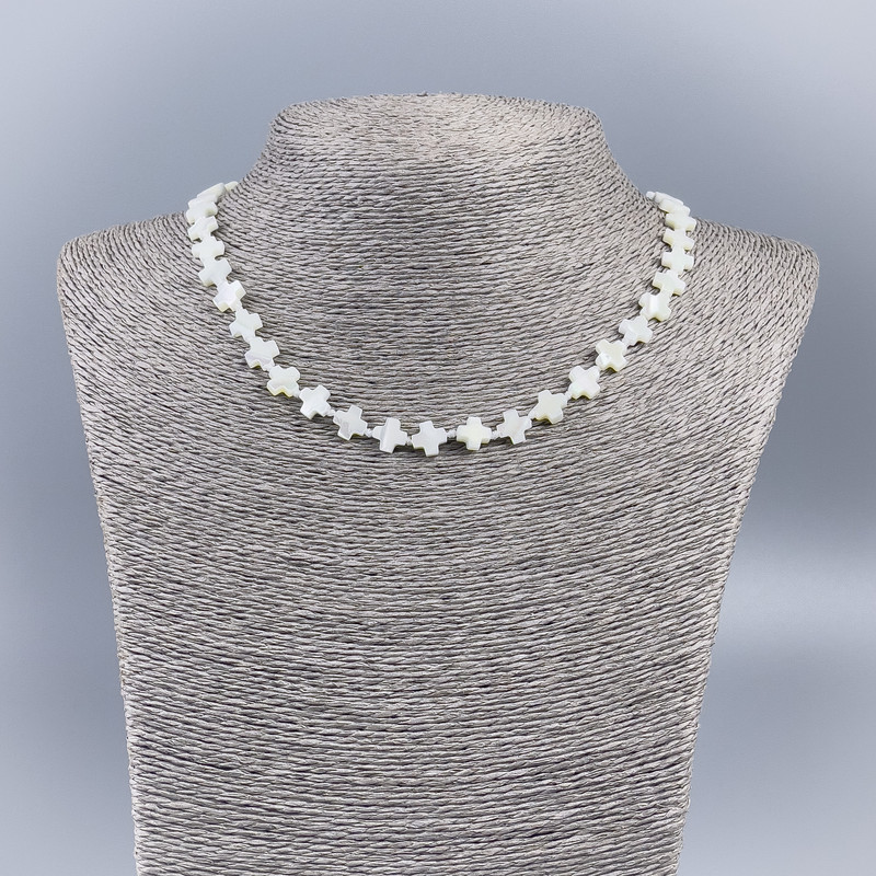 Natural White Mother-of-Pearl Cross Necklace, 8×8×3 mm, 50 cm long