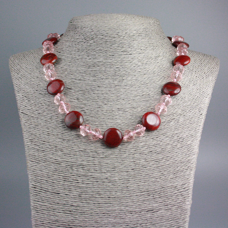 Red Jasper Coin Necklace, diameter 16×6 mm, Czech Crystal Rondelle, diameter 10×8 mm, length 50 cm
