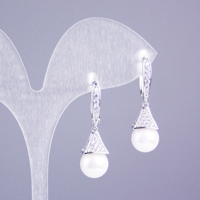 Xuping Rhodium-Plated Earrings with White Crystals and Majorca Pearl 30x10mm+