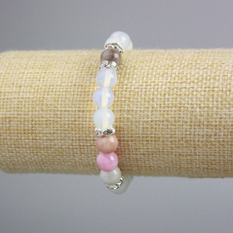 Moonstone (Opalite) Bracelet, Multicolored Jadeite Smooth Beads, 8 mm Diameter ± with Rhinestones, Length 18 cm ± (Stretch)