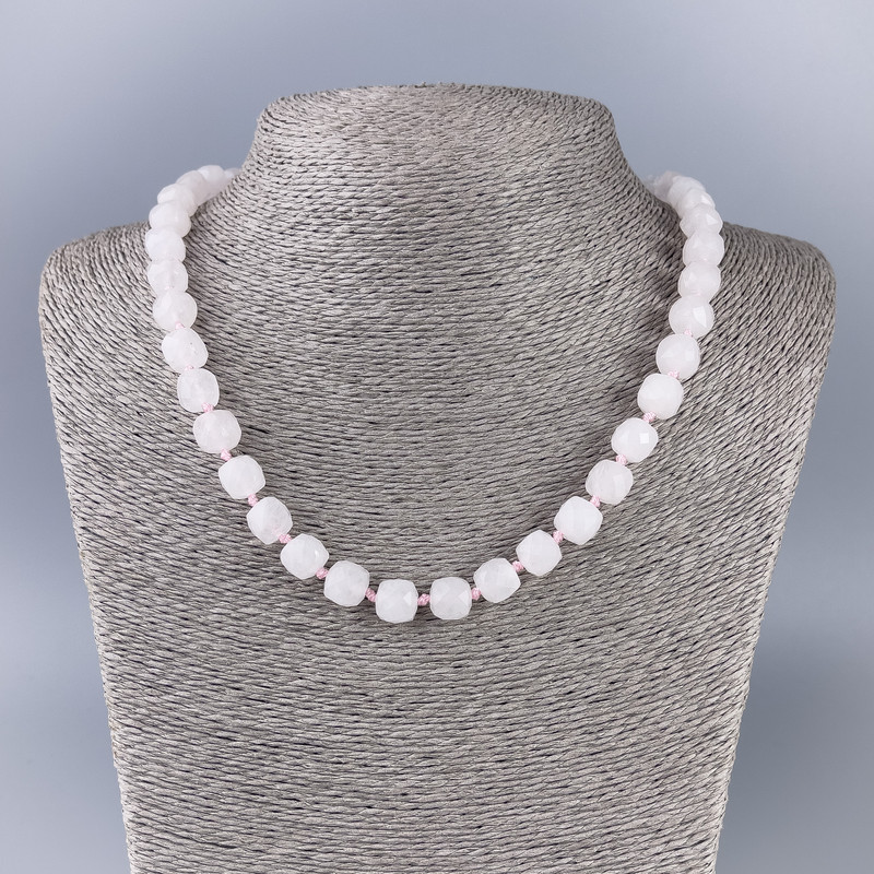 Rose Quartz Necklace, Natural Stone, Faceted Cube, 9x9 mm, 50 cm Length