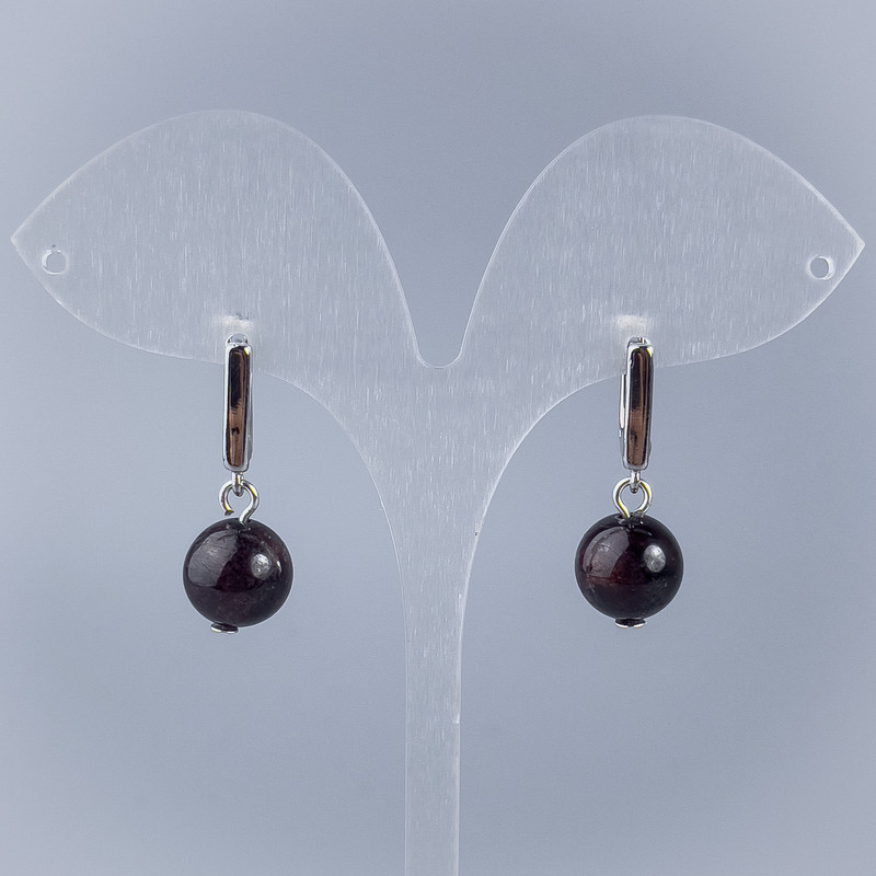 Garnet Earrings, Smooth Ball, Diameter 8.5 mm, English Clasp, Length 28 mm+