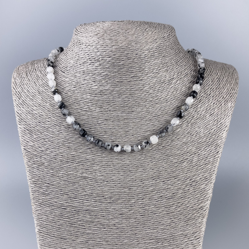 Rutilated quartz necklace with faceted cubes, natural stone, diameter 5–5.5 mm, length 49 cm+