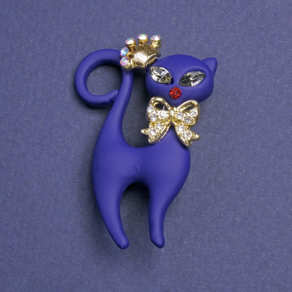 Brooch Kitty matte blue with crystals silver metal 43x29mm+