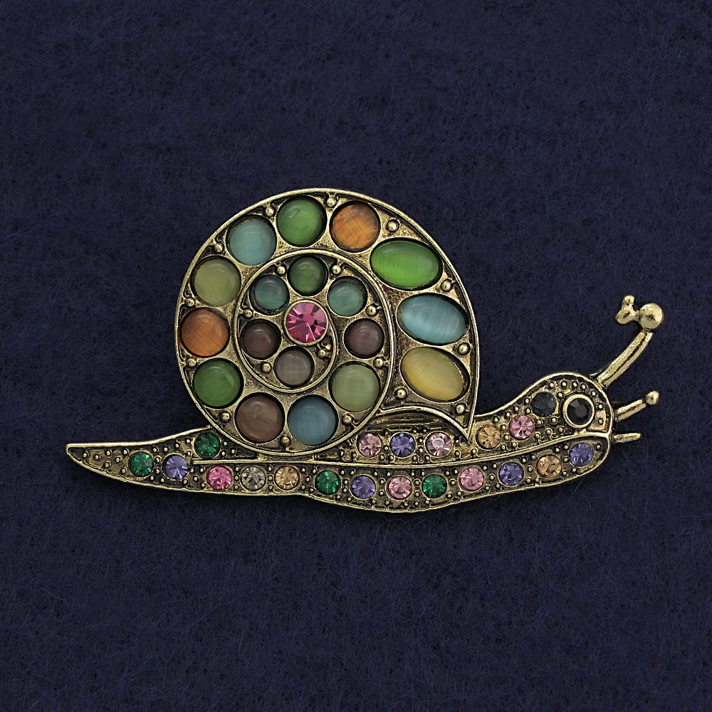 Snail Brooch, multicolored cat's-eye with crystals, gold-tone metal, 28×55 mm+