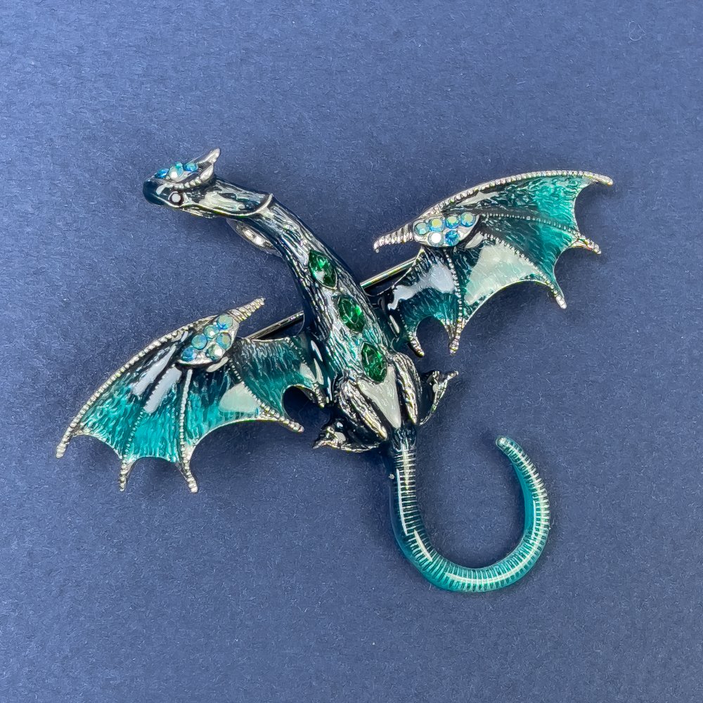 Dragon Brooch-Pendant with Blue Enamel and Light Blue and Green Crystals, Silver Metal 50×56mm