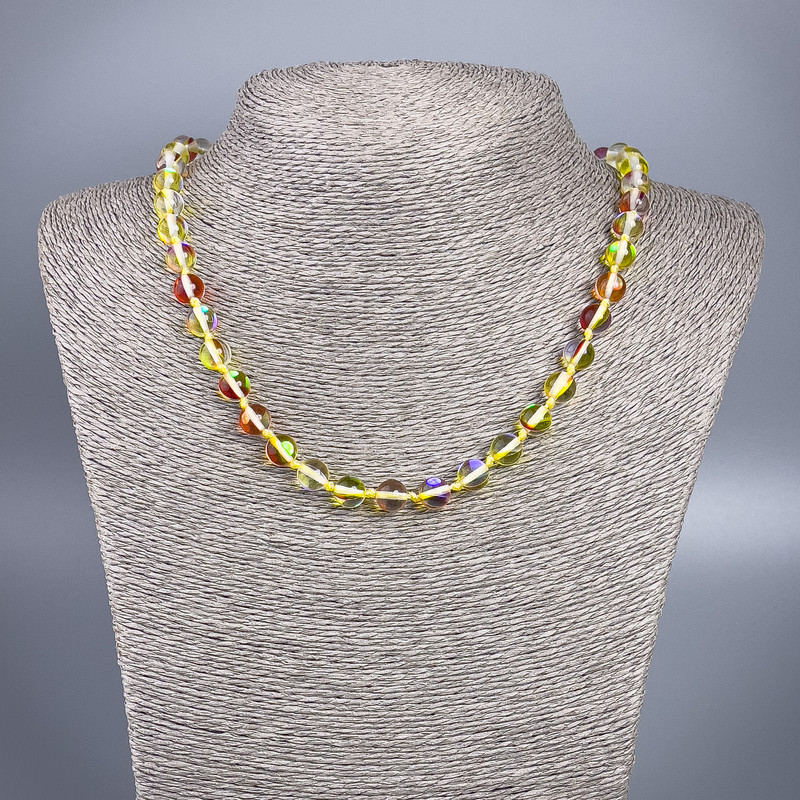 Opal glass necklace 'Yellow Chameleon', smooth beads, 8 mm diameter, length 49 cm