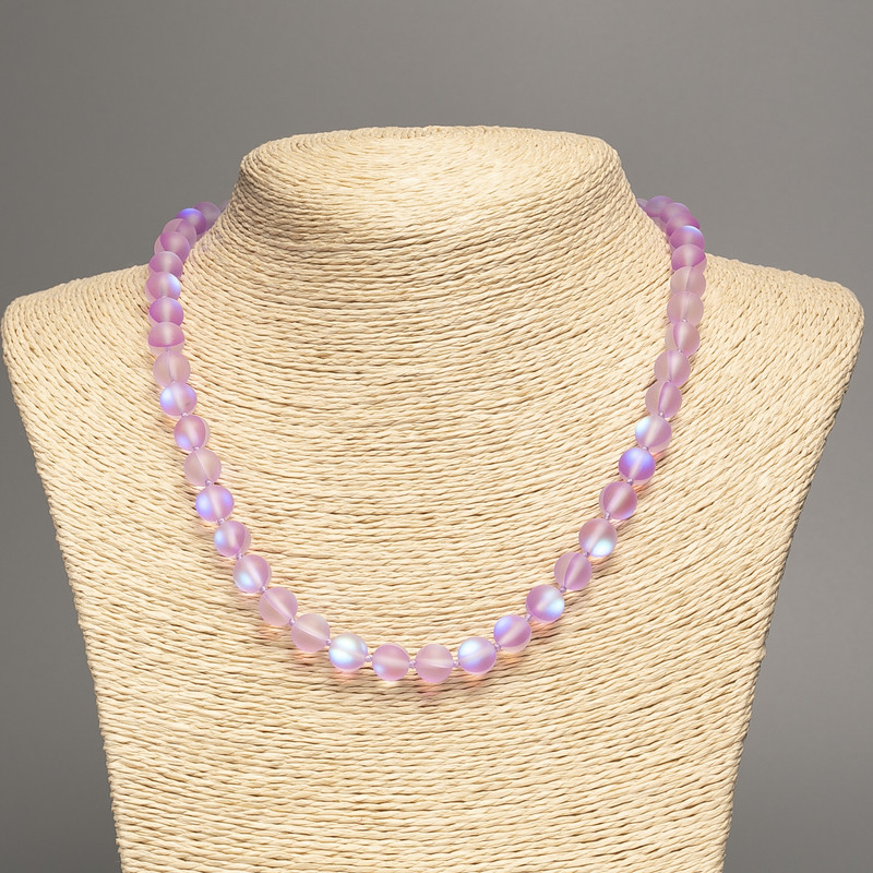 Opal Glass Necklace Purple Matte Chameleon, Smooth Beads, Diameter 8 mm, Length 49 cm