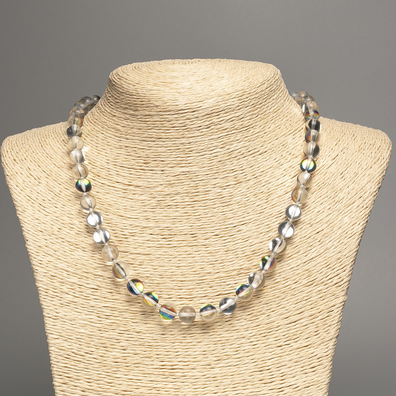 Opal Glass Necklace 'White Chameleon' with smooth beads, 8 mm diameter, 49 cm length