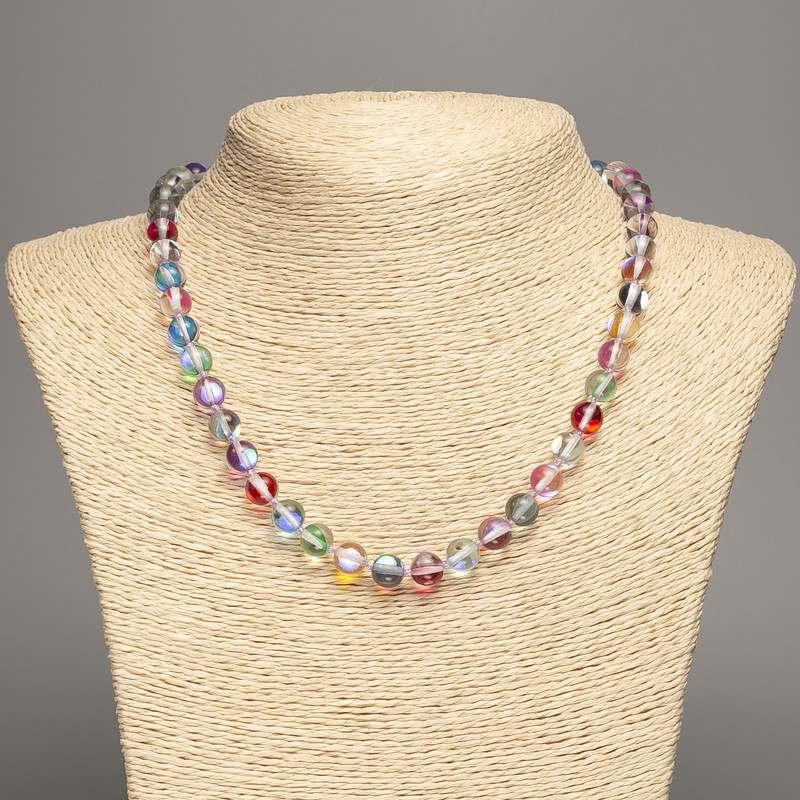 Opal Glass Necklace 'Multicolor Chameleon' Smooth Bead, 8 mm Diameter, 49 cm Length