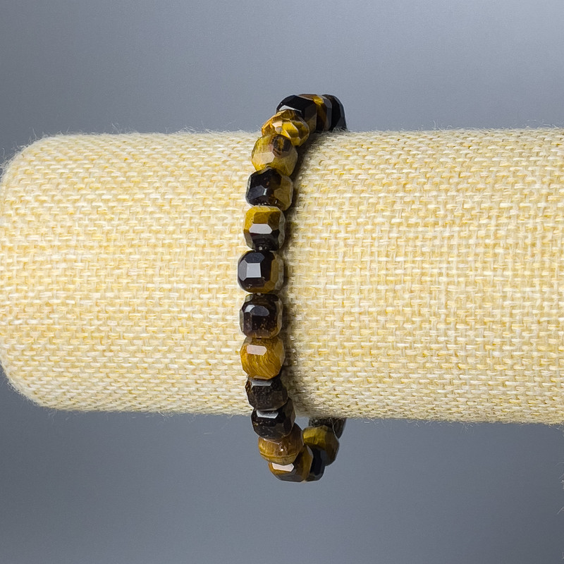 Tiger's Eye Bracelet, Natural Stone, Faceted Cube, 7 mm Diameter +/-, Length 18 cm (Stretch)