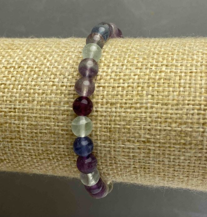 Fluorite Bracelet, Natural Stone, Smooth Beads, 6 mm Diameter, 18 cm Length (Stretch)