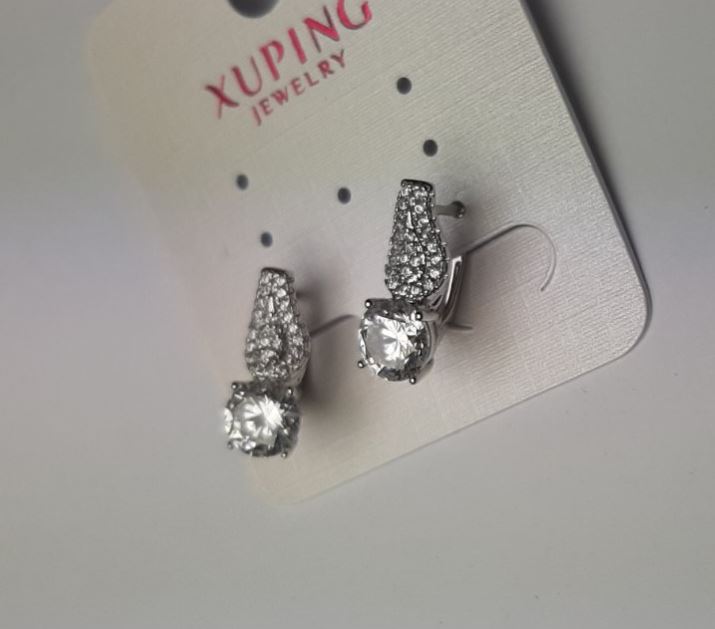 Xuping earrings with white rhinestones and a crystal, 7 mm diameter, 17 mm length, Rhodium-plated