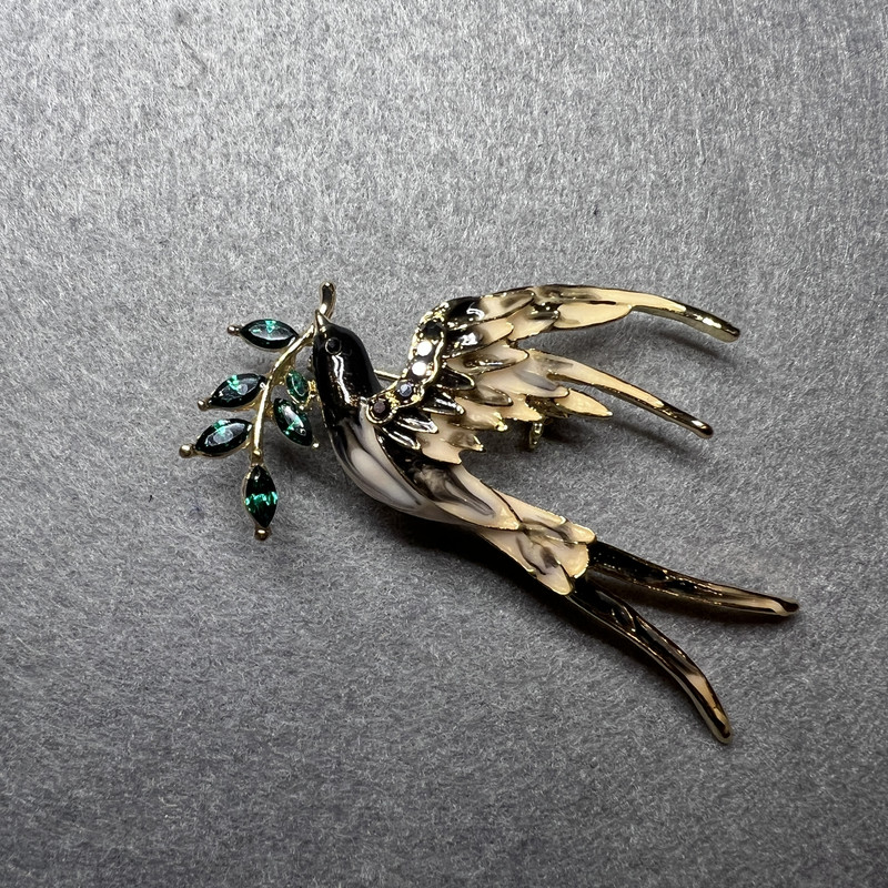 Brooch Swallow with Sprig in Black and Beige