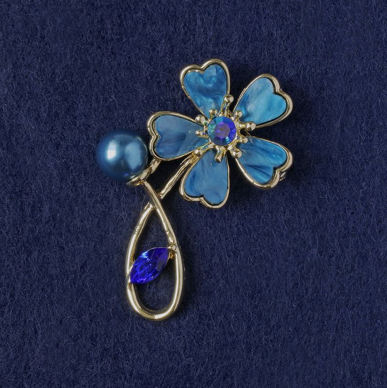 Brooch Flower with Blue Mother-of-Pearl, Crystal, Bead, Golden Metal 33x51mm