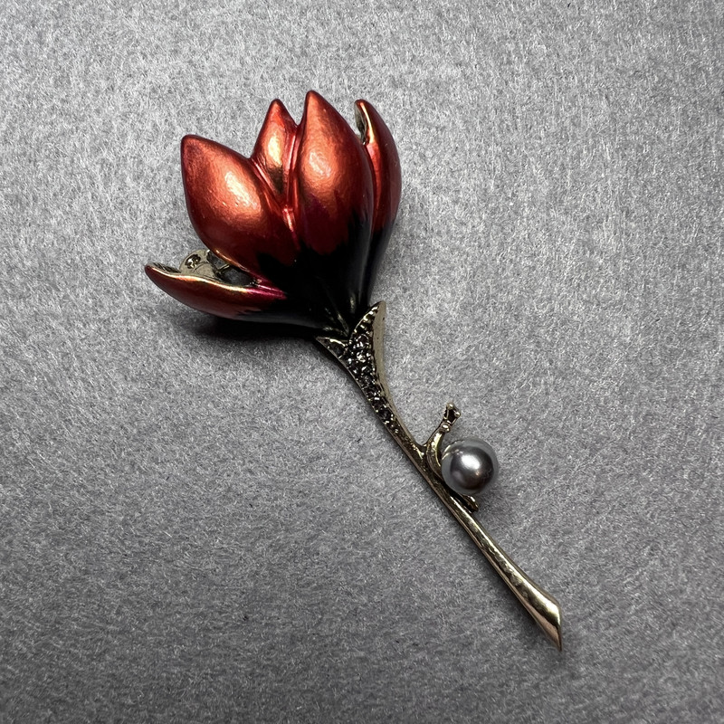 Magnolia Flower Brooch, red enamel, black crystals, gray bead, gold-tone metal 29×65 mm