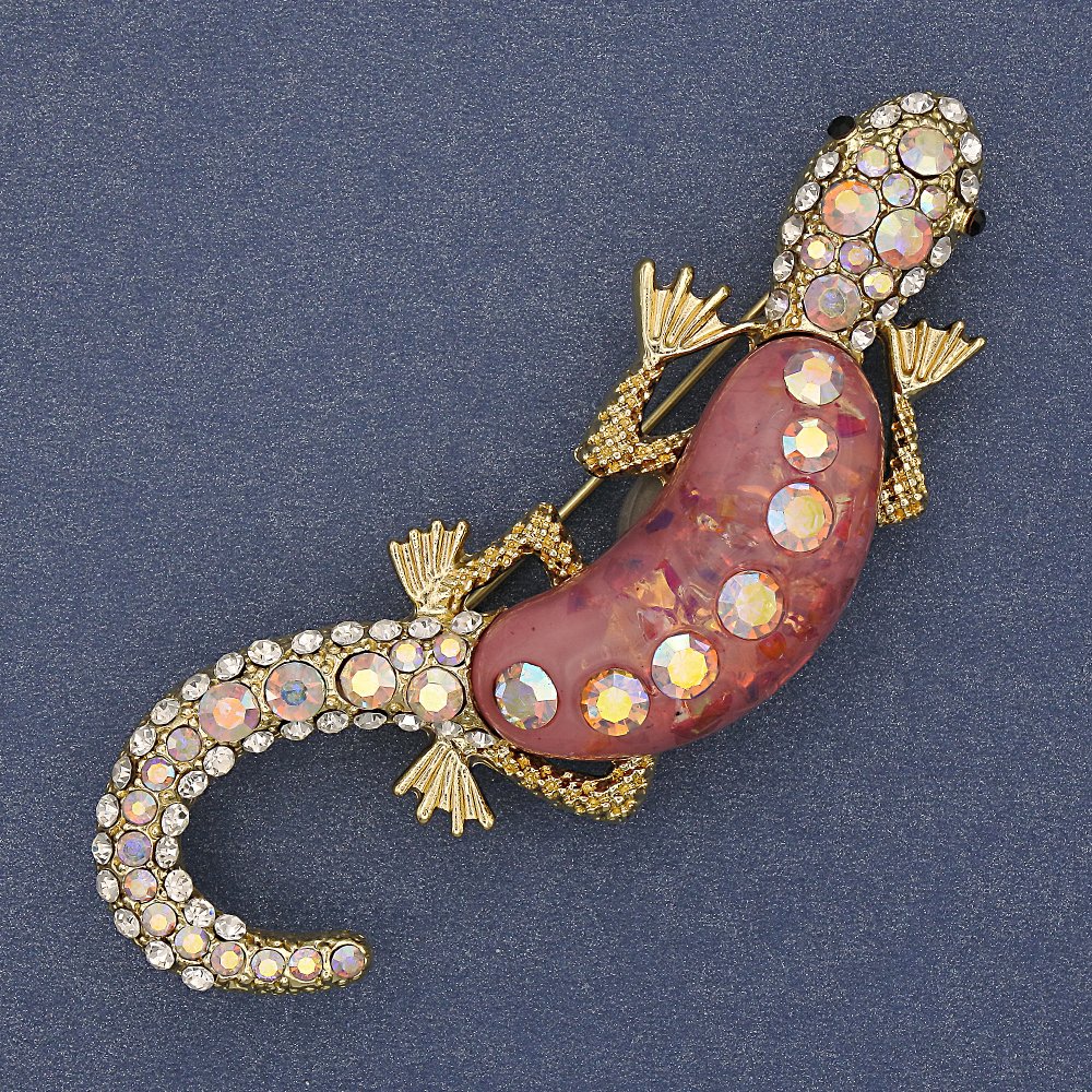 Brooch Lizard Pink Aquarium Effect, White and Pink Crystals, Gold-Tone Metal 24x71mm