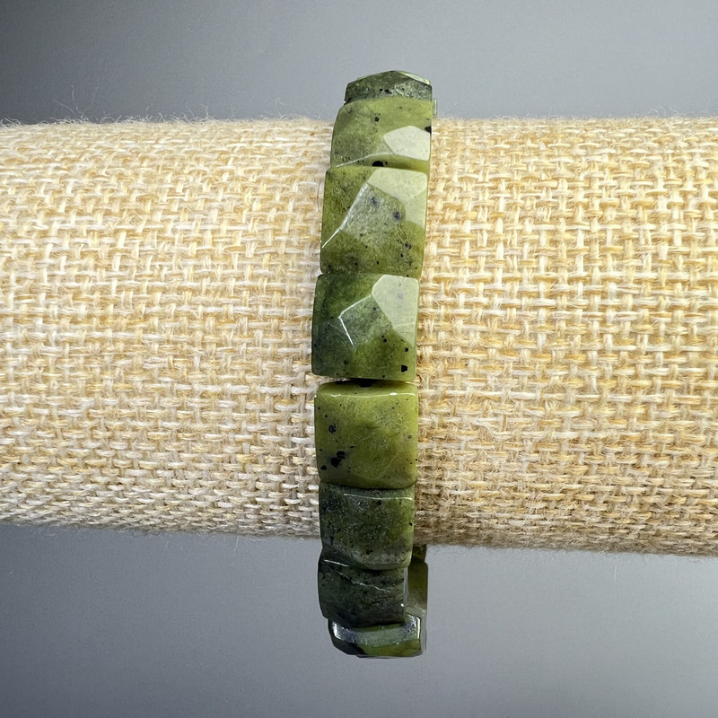 Bracelet Jadeite Canadian Natural Stone, Faceted Rectangular, 9x10x5 mm, 5 mm ±, length 18 cm ± (stretch)