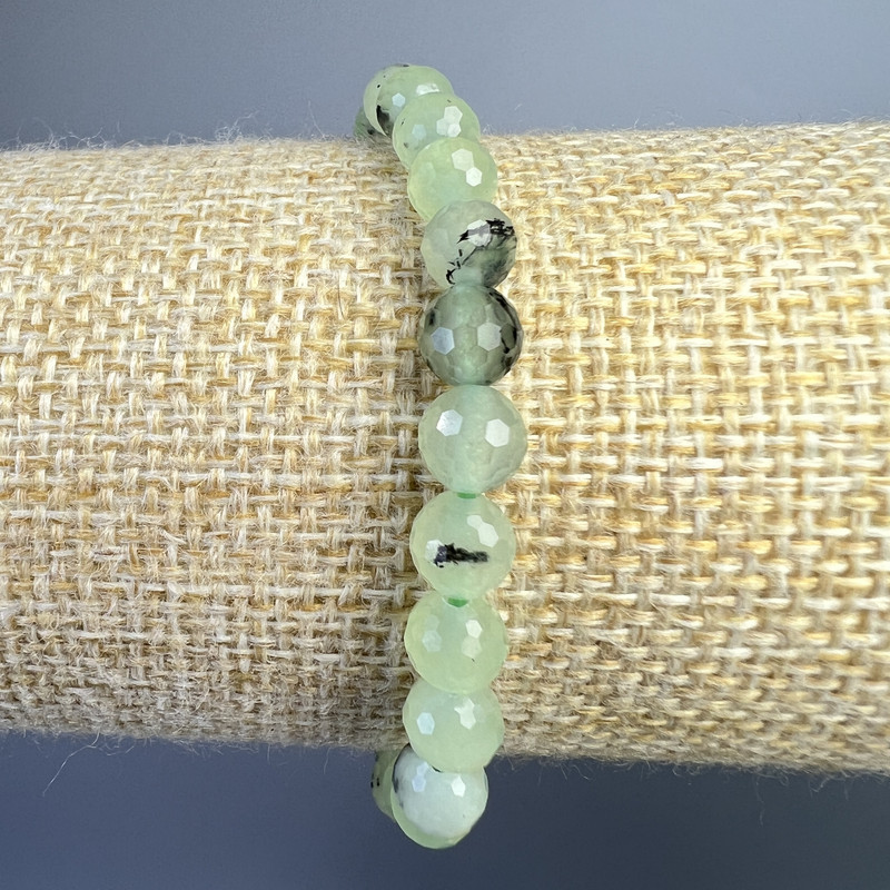 Prehnite Bracelet with Natural Stone, Faceted Beads, 6 mm Diameter ±, Length 18 cm ± (stretch)