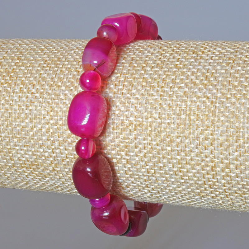 Raspberry Agate Bracelet, natural stone with bar-shaped beads 9×12 mm and smooth 6 mm beads, length 18 cm +/- (stretch)