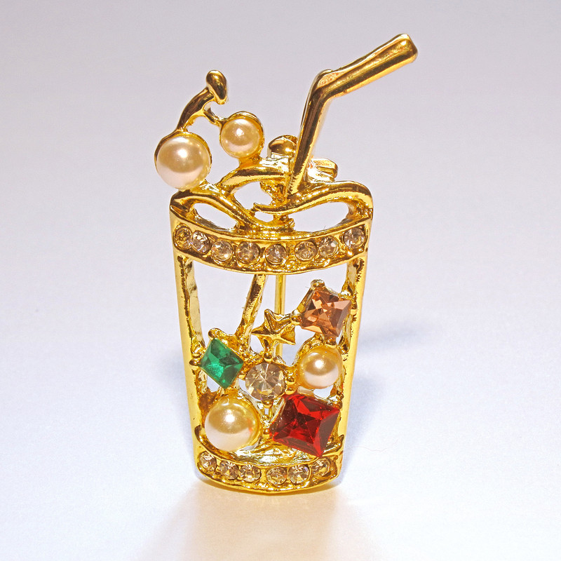 Cocktail Brooch with Multicolored Rhinestones and Beads, Gold-Tone Metal 15x35mm