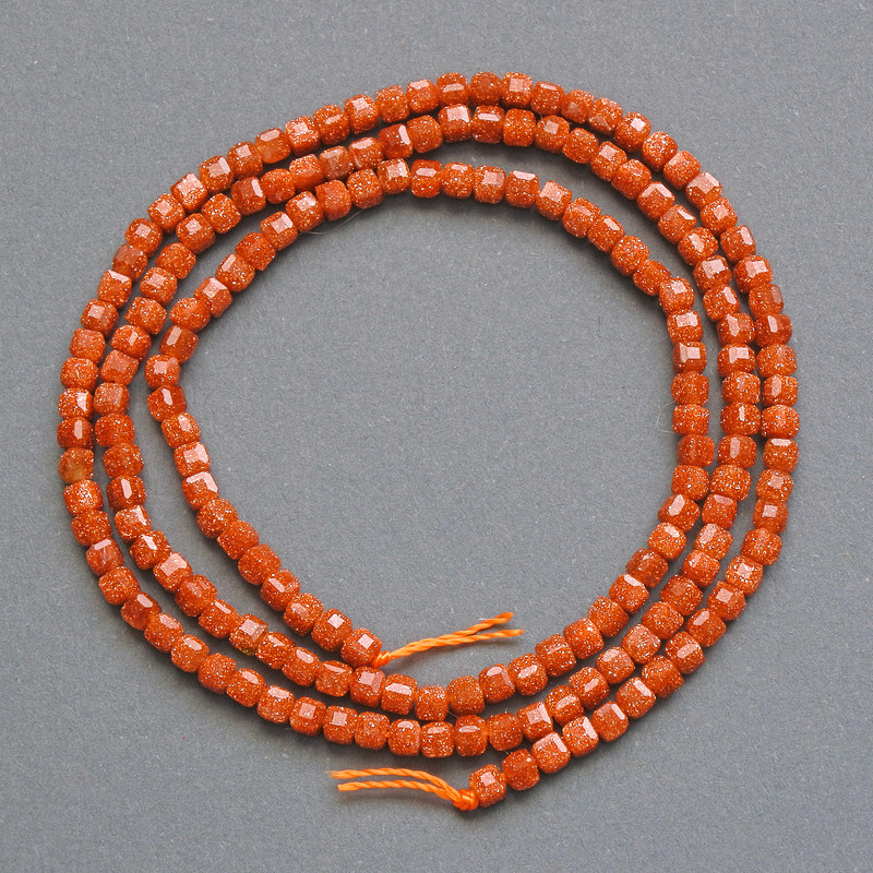 Beads Aventurine Golden Sand (Synthetic) Faceted Cube, 2mm diameter, 37cm length on thread