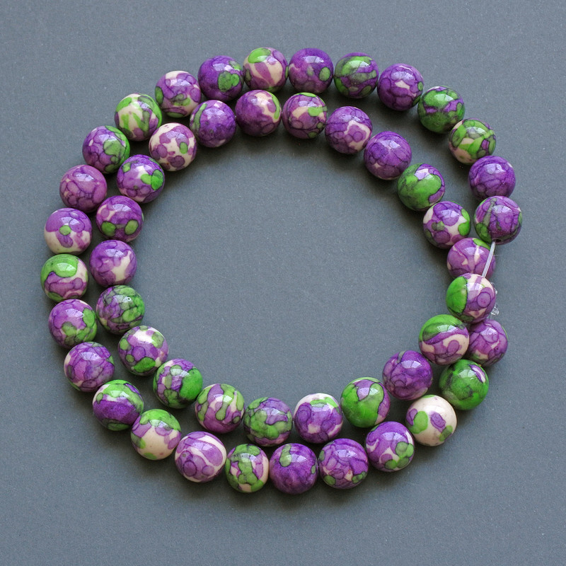 Beads 'Variscite' (artificial acrylic) purple, white and green smooth round beads, 8.5 mm in diameter, about 40 cm long on beading thread