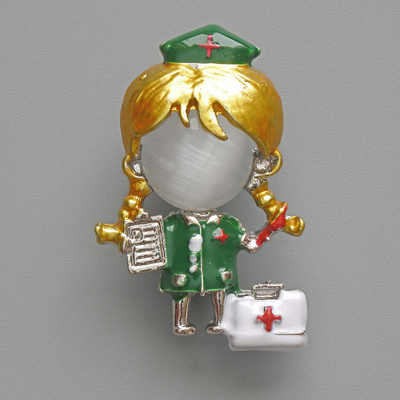 Nurse Brooch-Pendant with White Cat's Eye, Green and White Enamel, Silver Metal 23x36 mm