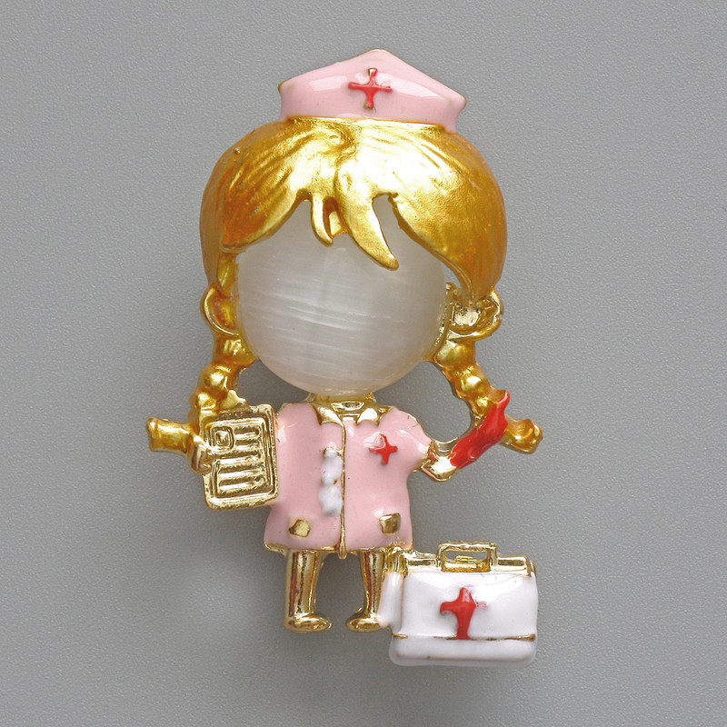 Nurse Brooch Pendant with White Cat's Eye, Pink and White Enamel, Gold-Tone Metal 23x36mm
