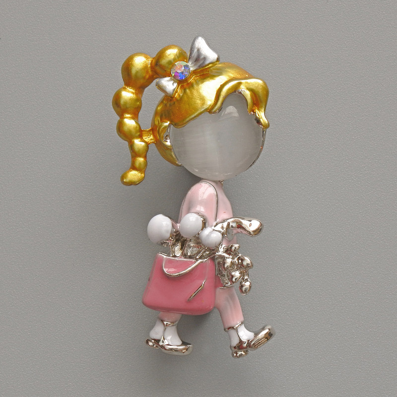 Brooch-pendant 'Girl' White cat's eye stone, pink and white enamel, silver metal 16x35mm