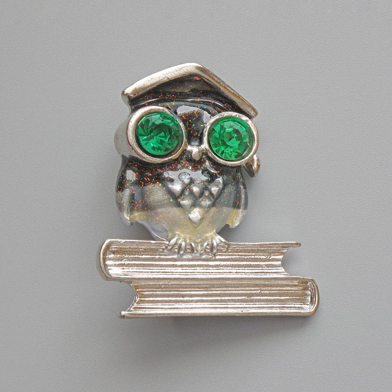 Owl brooch pendant with gray enamel, green crystals, silver metal 33×37 mm