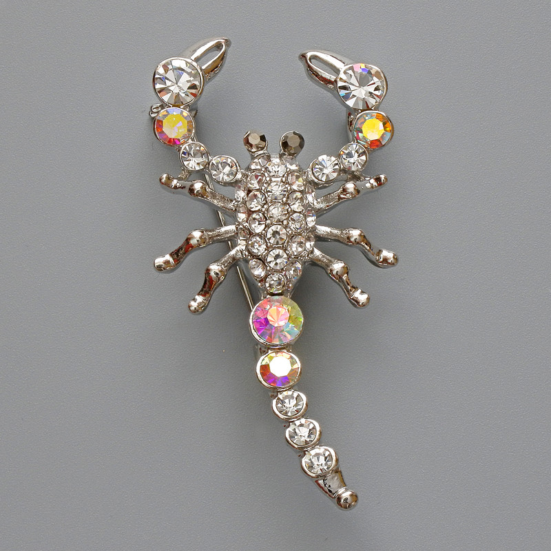 Scorpion Brooch Pendant with White and Chameleon Crystals, Silver-Toned Metal 28x54 mm
