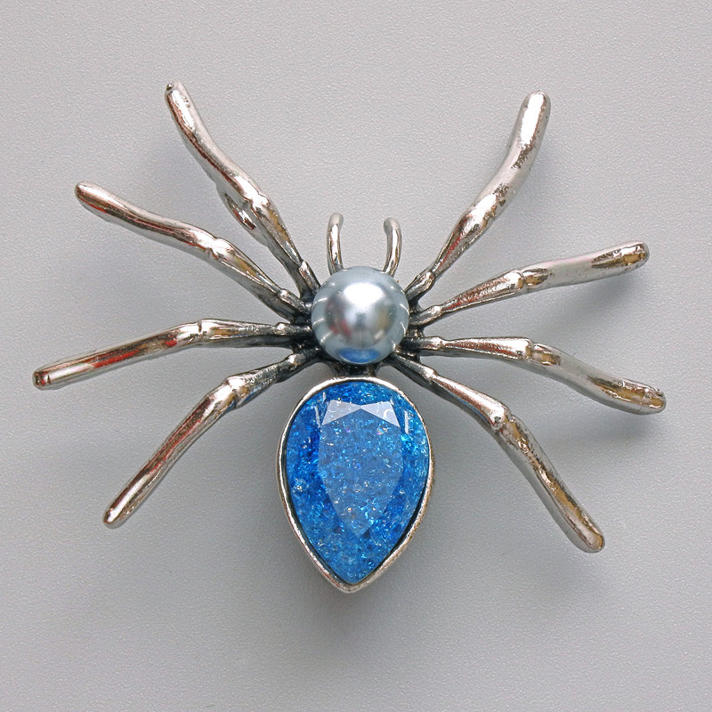 Spider brooch pendant blue aquarium effect, gray bead, silver-tone metal 45×39mm