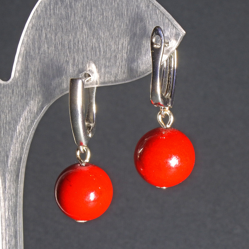 Coral Earrings (Pressed) Smooth Ball, English Clasp, 12 mm diameter, 33 mm length