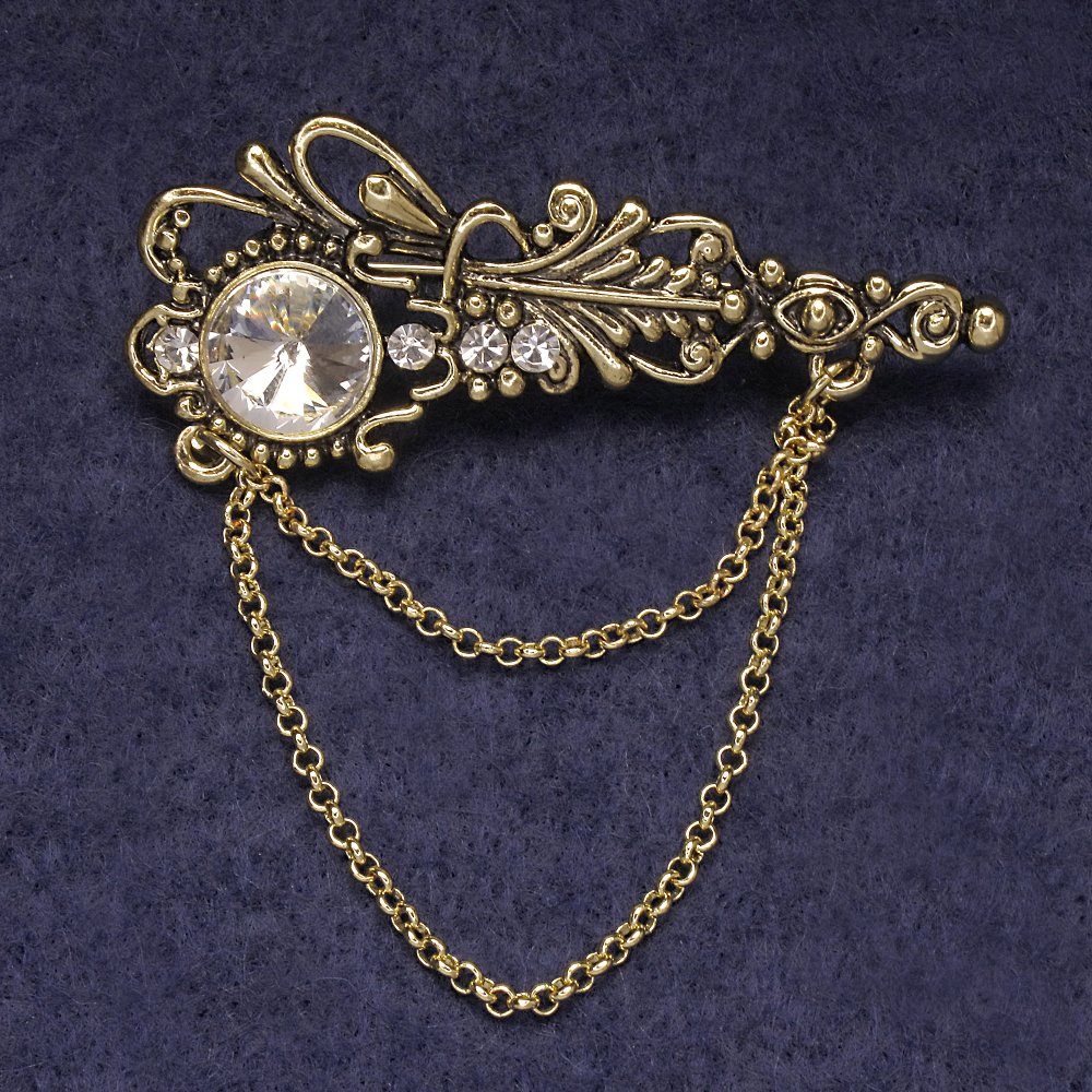 Accent Brooch with White Rhinestones and Crystal, Golden Metal 55×22 mm