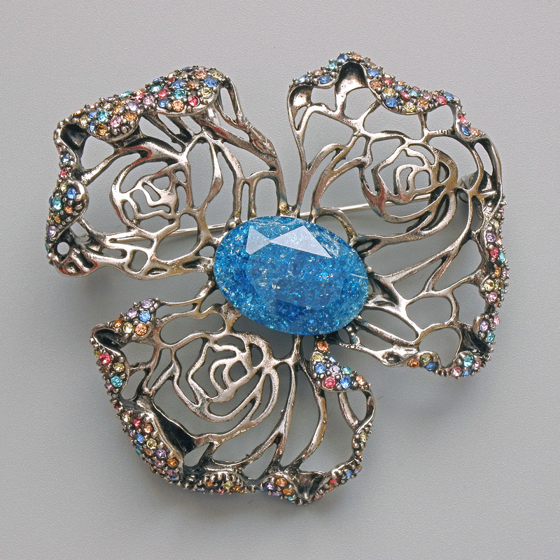 Flower Brooch Pendant with Blue Aquarium Effect, Multicolor Rhinestones, Gold-Tone Metal 51x51mm