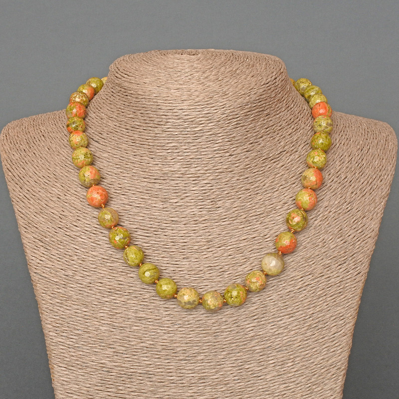 Heliotrope Jasper Necklace, Natural Stone, Faceted Bead, 10mm diameter, 47 cm length