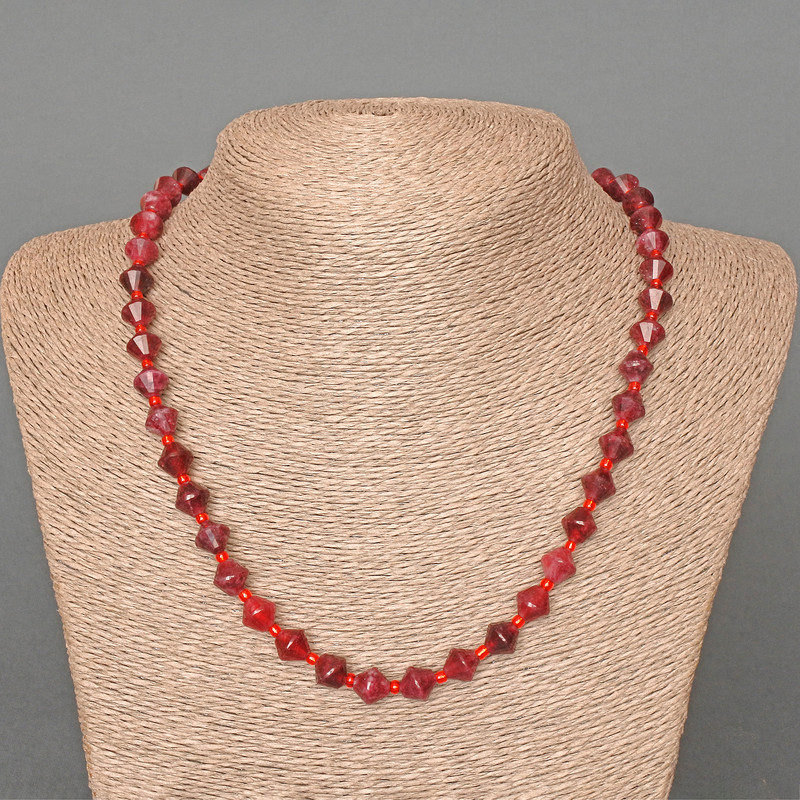 Rubellite Tourmaline Necklace, Natural Stone, Faceted Rhombuses 8x8 mm, Length 49 cm, with Seed Beads