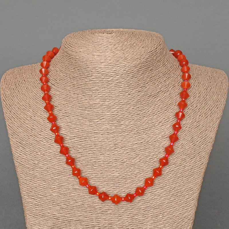 Carnelian Necklace, natural gemstone, faceted diamond shapes, 8x8 mm, length 49 cm, with seed beads