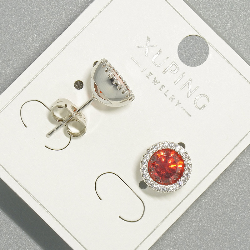 Xuping Stud Earrings with Red Crystal and White Rhinestones, Round Setting, 9.5 mm Diameter, Rhodium